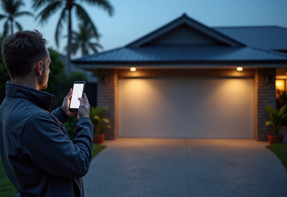 Smart garage door opener installation at dusk — Broadbeach